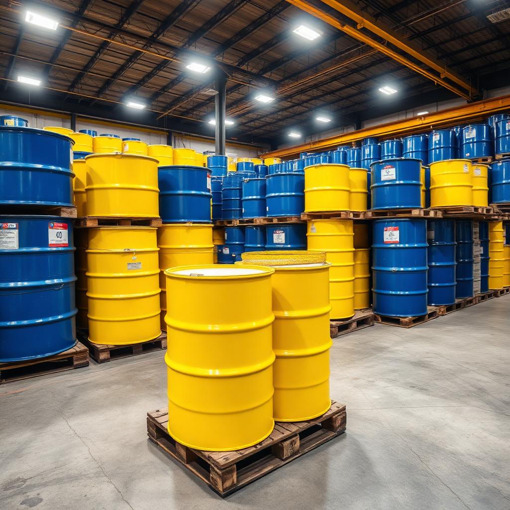 Segregated chemical storage with labelled drums and containment bunding